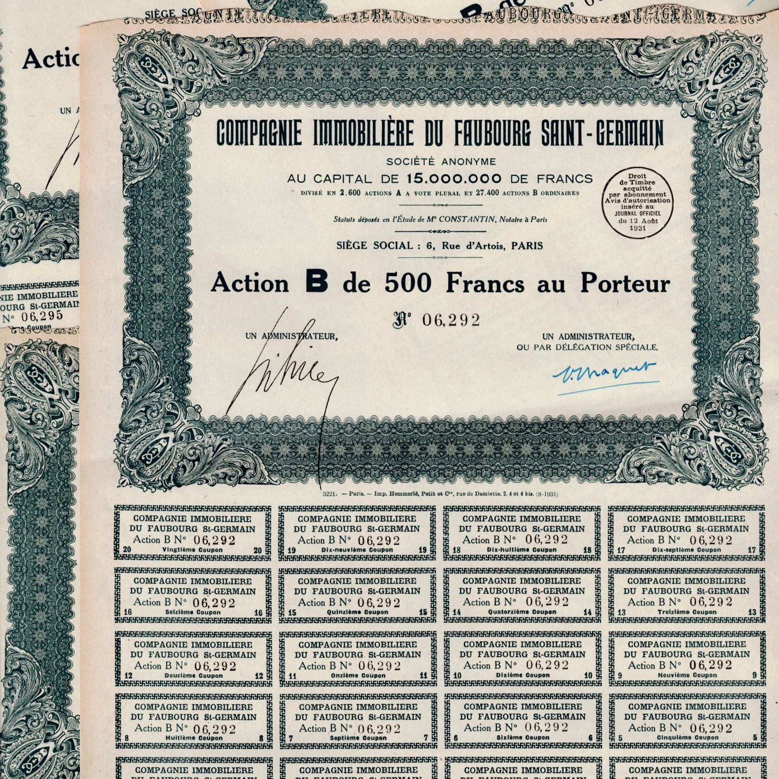 Lot of 11 1931 France Faubourg Saint-Germain 500 Francs Share Certificates (1 of 4)