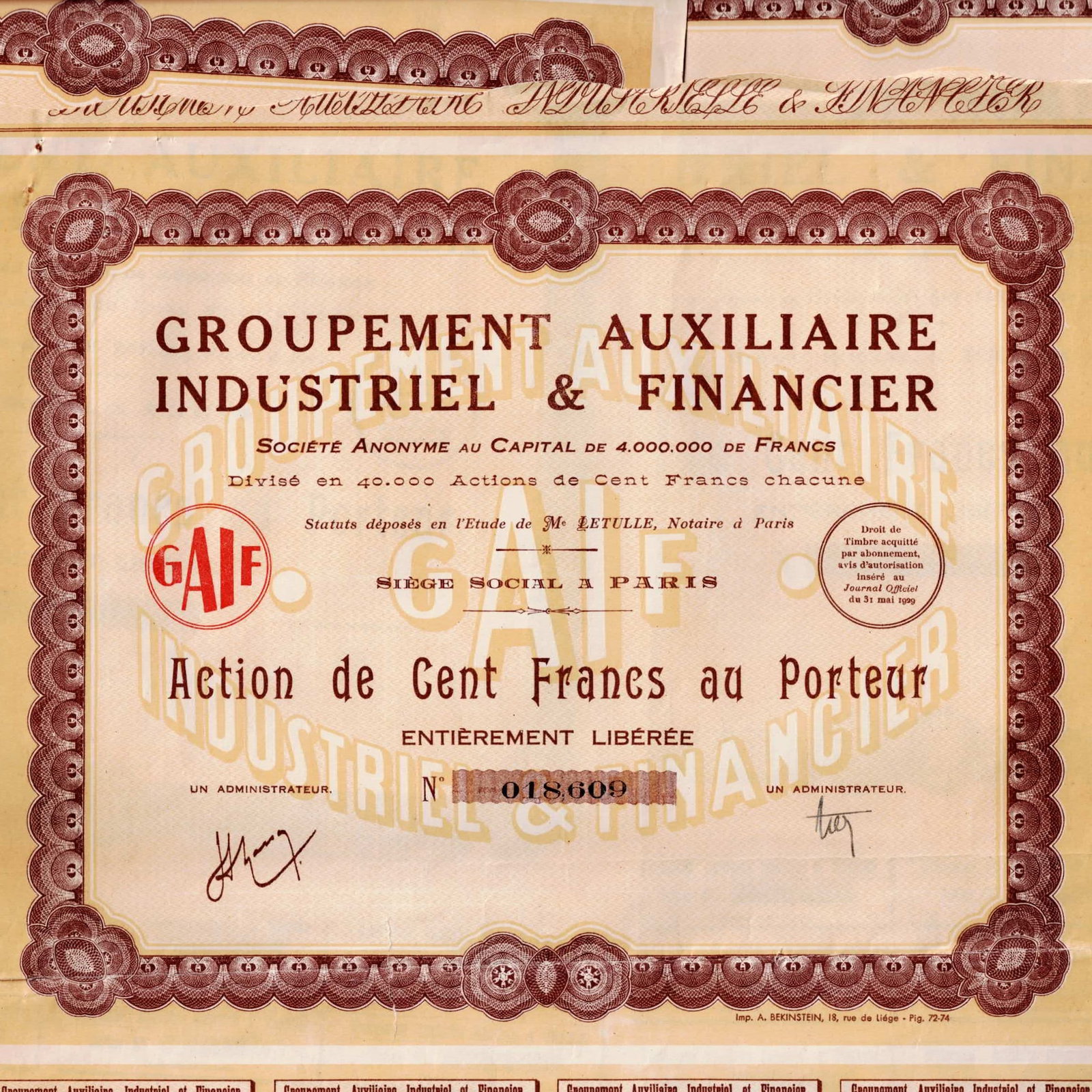 Lot of 7 1929 France GAIF Groupement Auxiliaire Industriel Share Certificates: Lot of seven original 1929 France Groupement Auxiliaire Industriel & Financier (GAIF) bearer share certificates, each representing an Action de Cent Francs au Porteur with an individual serial number.