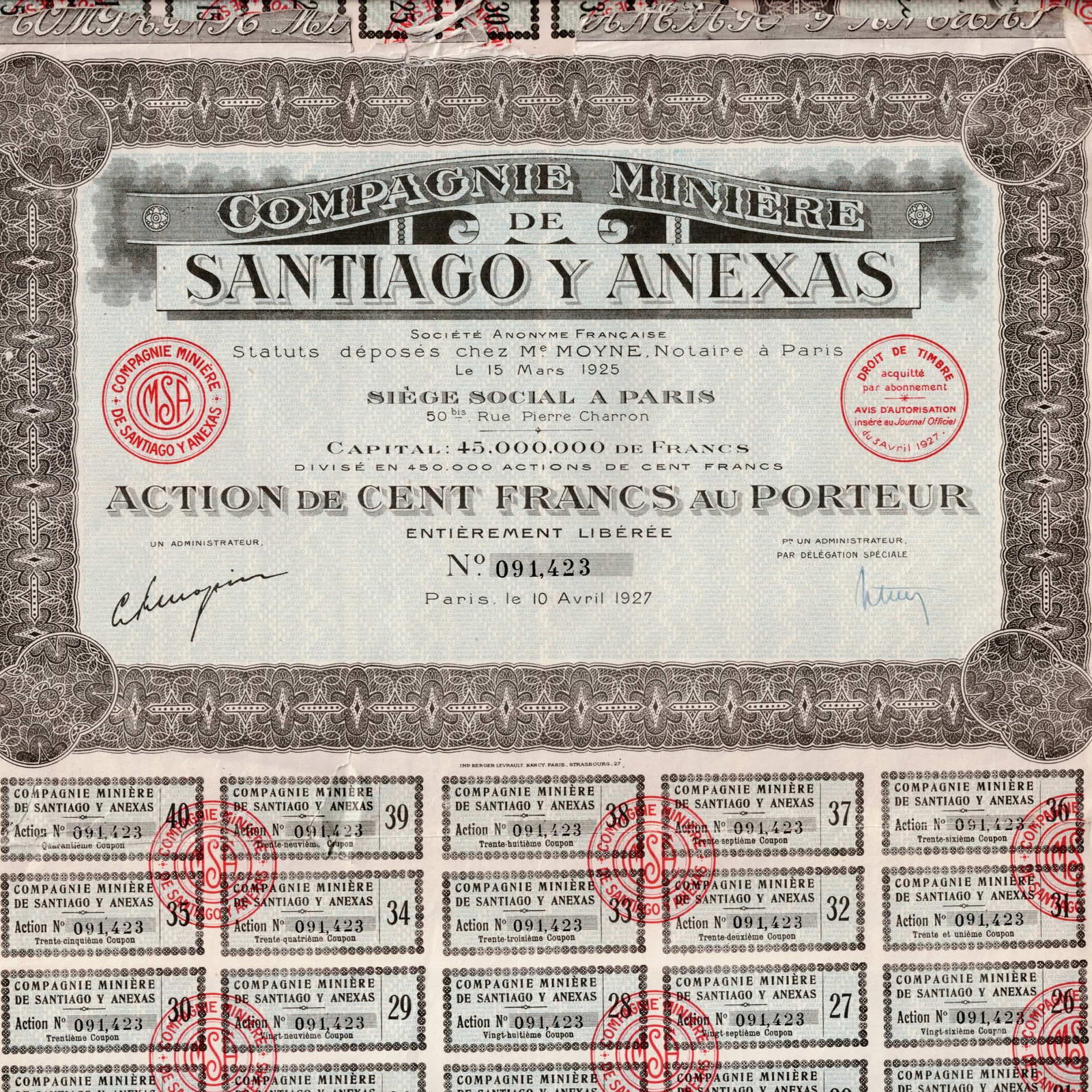 Lot of 4 1927 France Compagnie Minière de Santiago y Anexas Share Certificates (1 of 5)