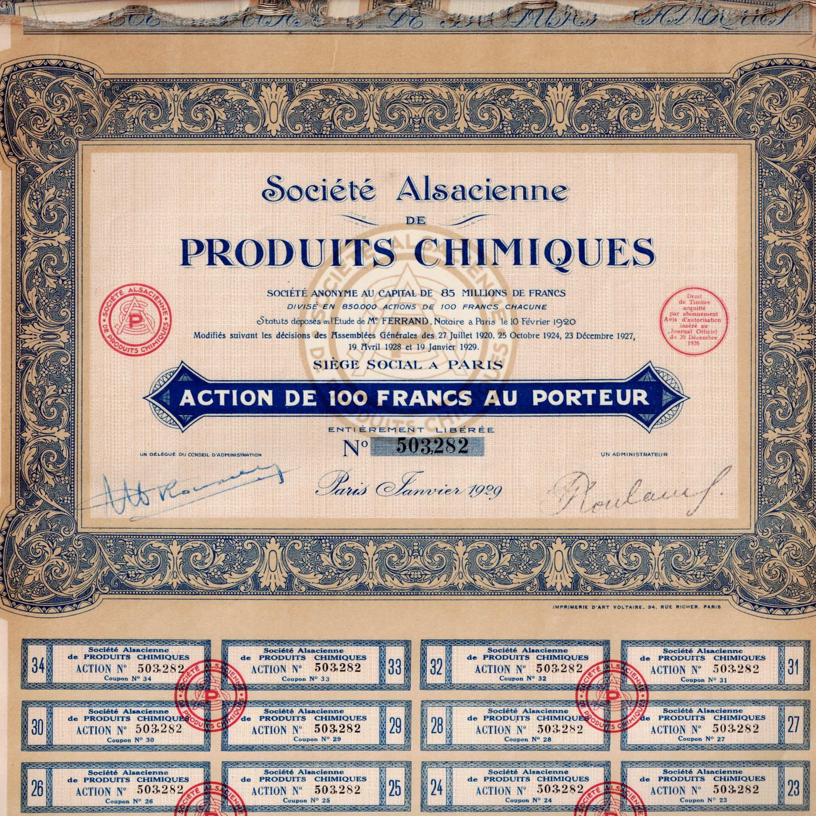 Lot of 32 1929 France Société Alsacienne Produits Chimiques Share Certificates: Outstanding lot of 32 original bearer share certificates issued in January 1929 by Société Alsacienne de Produits Chimiques, one of France's prominent interwar chemical enterprises. Each certificate