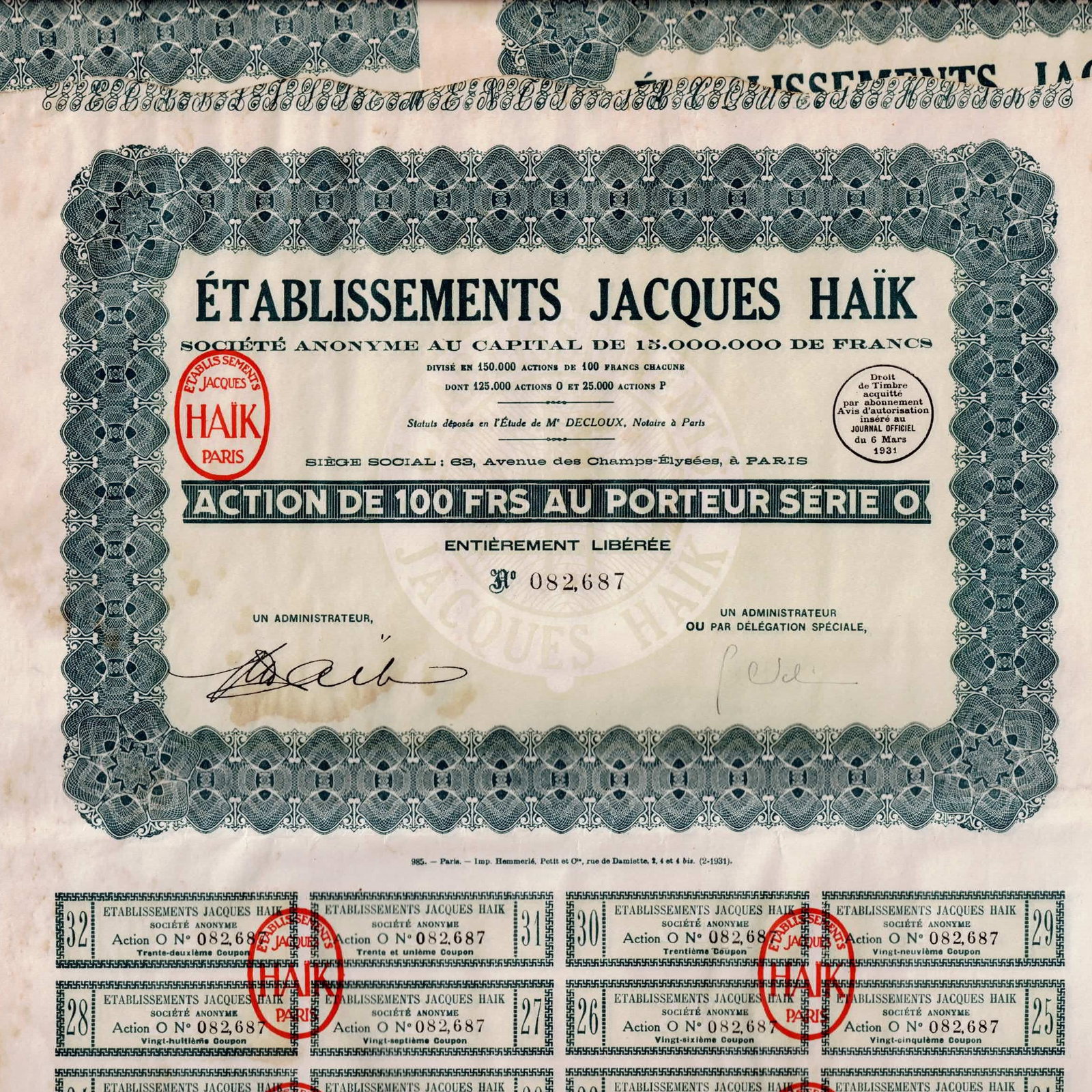 Lot of 14 1931 France Établissements Jacques Haïk 100 Francs Share: Excellent lot of 14 original bearer share certificates issued by Établissements Jacques Haïk S.A., Paris, representing Action de 100 Francs au Porteur Série O. The certificates originate from the e