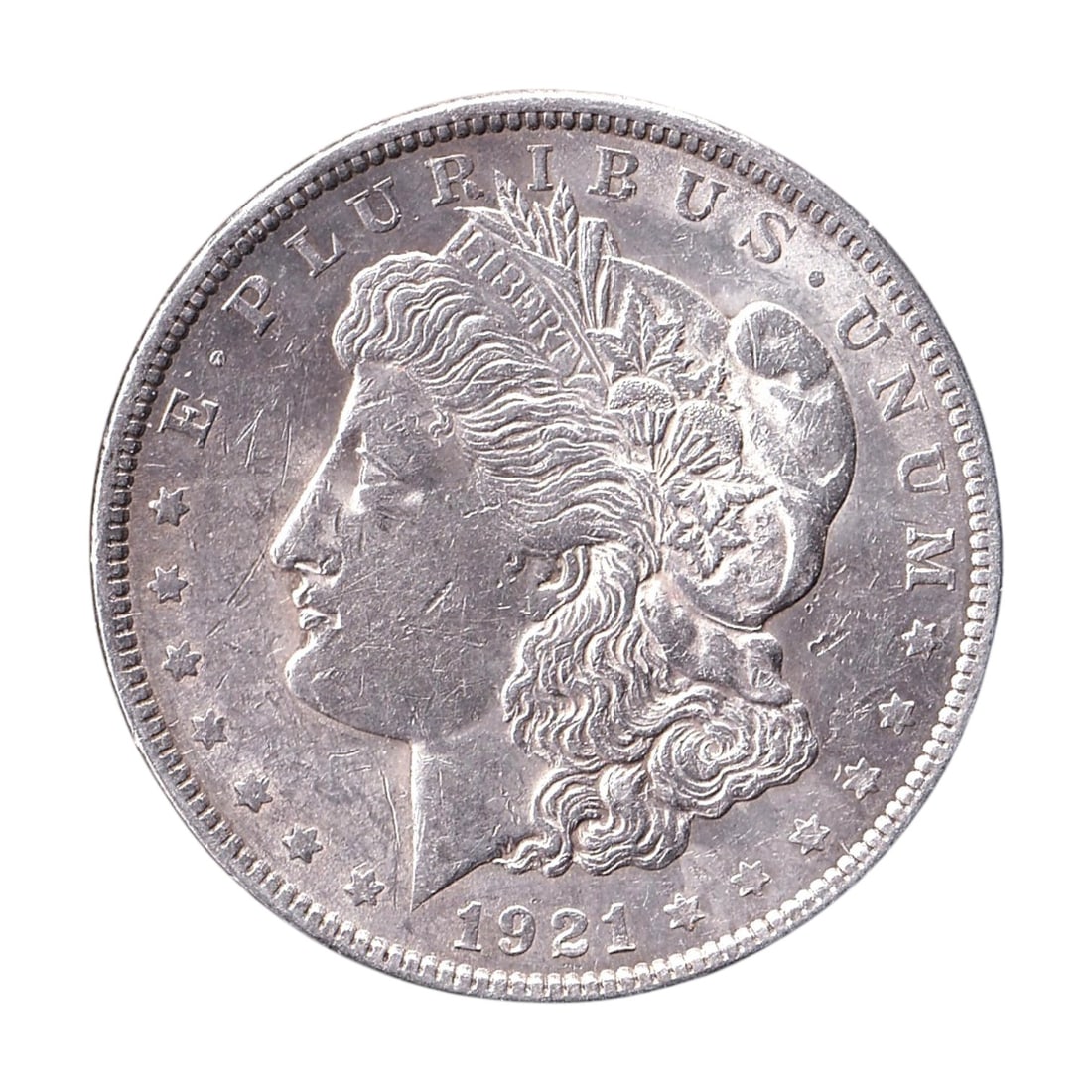 1921-S United States Morgan Silver Dollar San Francisco KM 110: 1921-S United States Morgan Silver Dollar struck at the San Francisco Mint during the final year of the original Morgan Dollar series, an iconic American silver coin catalogued as KM 110. This histori