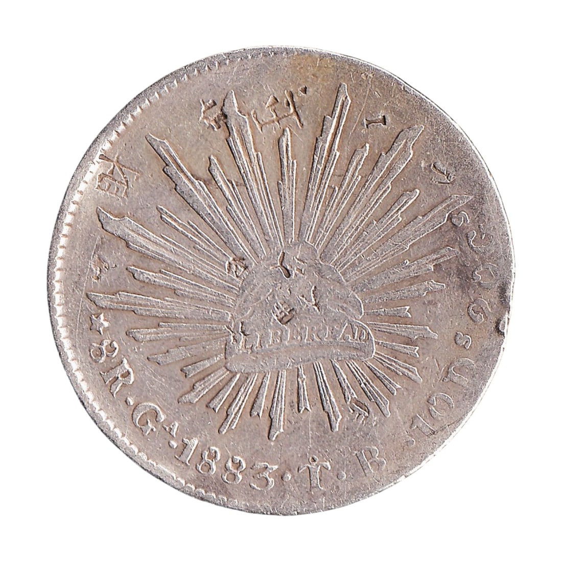 1883 Mexico 8 Reales Ga TB KM 377.6 China Trade Chopmarks: Issued in 1883, this original Mexican Republic 8 Reales silver trade coin was struck at the Guadalajara Mint, carrying the mintmark Ga and assayer initials TB, and is catalogued as KM 377.6 and Colnec