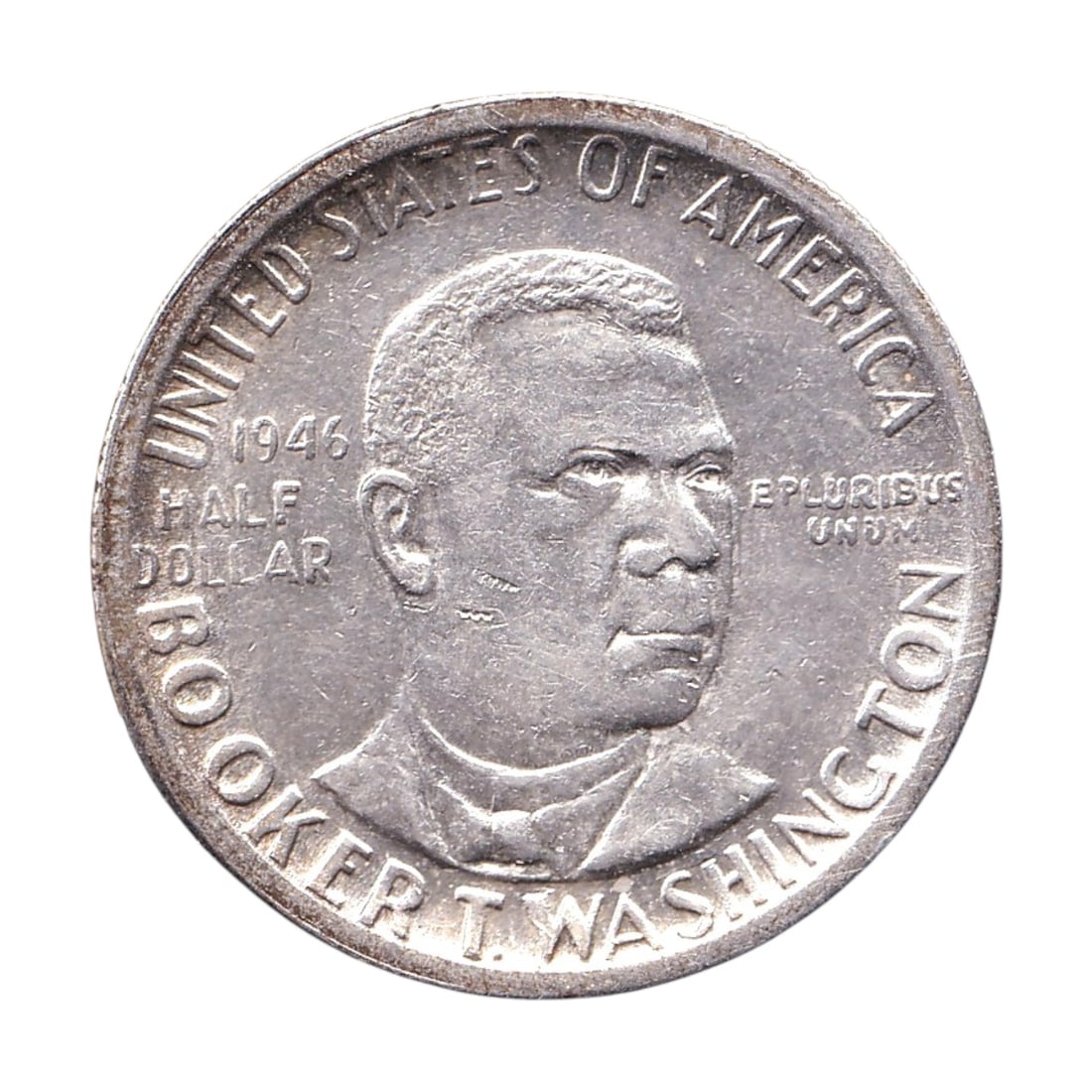 1946-D USA Booker T Washington Half Dollar KM 198 Silver: Issued in 1946, this original United States Booker T. Washington Memorial Half Dollar was struck at the Denver Mint, identified by the D mintmark, and is catalogued as KM 198 and Colnect US-000407. Th