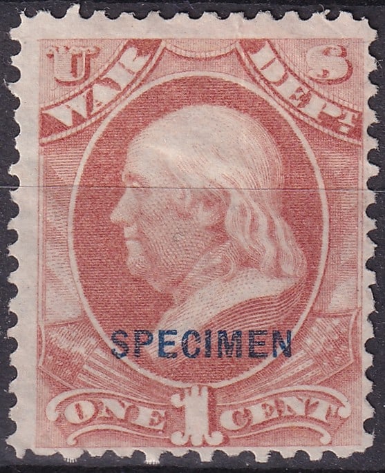 1879 USA 1c War Department Benjamin Franklin SPECIMEN Scott O83S: Issued in 1879, this original United States 1 Cent War Department official stamp features Benjamin Franklin and bears the distinctive blue SPECIMEN overprint, catalogued as Scott O83S and Colnect US O