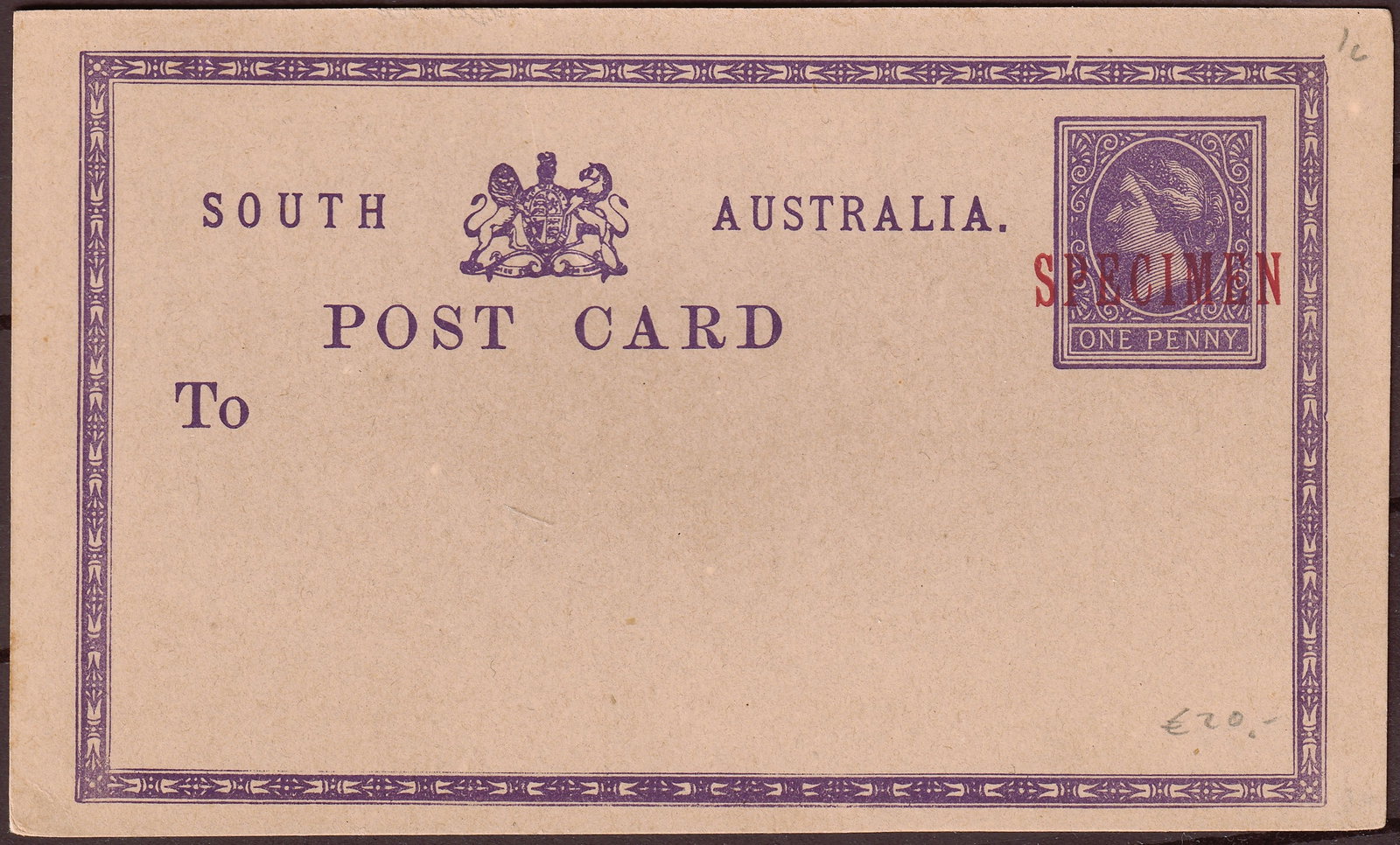 South Australia 1d Queen Victoria Postal Card SPECIMEN Mint: Issued during the Queen Victoria period, this original South Australia 1 Penny postal stationery card is an attractive nineteenth-century Australian colonial postal item bearing an impressed 1d violet