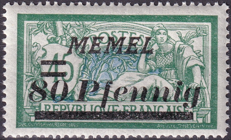 1923 Memel Occupation 80pf on 45pf Overprint Scott 68 MH Rare Issue: A historically significant occupation issue from the Memel Territory, this 1923 surcharge stamp, catalogued as Scott 68, represents a fascinating period of geopolitical transition in post-World War I 