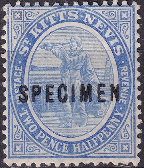 1907 St. Kitts & Nevis Scott 17 SG 17 2½d SPECIMEN: Issued in 1907, this attractive 2½ Pence definitive from St. Kitts and Nevis bears the official SPECIMEN overprint and represents one of the classic Edwardian issues of the British West Indies.