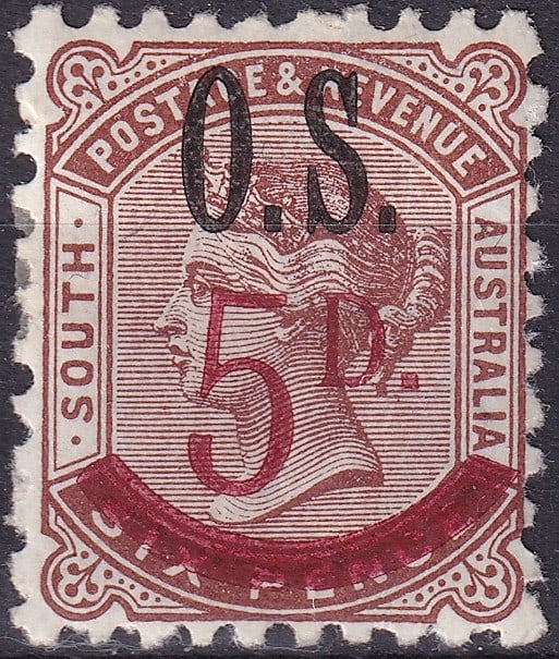 1891 South Australia Scott AU-SA 59 Official OS 5d Queen Victoria MH: Issued in 1891 by the Colony of South Australia, this 5 pence Official stamp features the classic portrait of Queen Victoria with the bold "O.S." (Official Service) overprint applied for use by govern