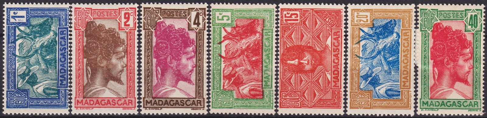 French Madagascar 1930–1938 General Issue, Set of 7, Scott 147–156: This attractive set of seven definitive stamps issued in Madagascar between 1930 and 1938 represents one of the most iconic colonial designs of the French era. The series features a combination of loc