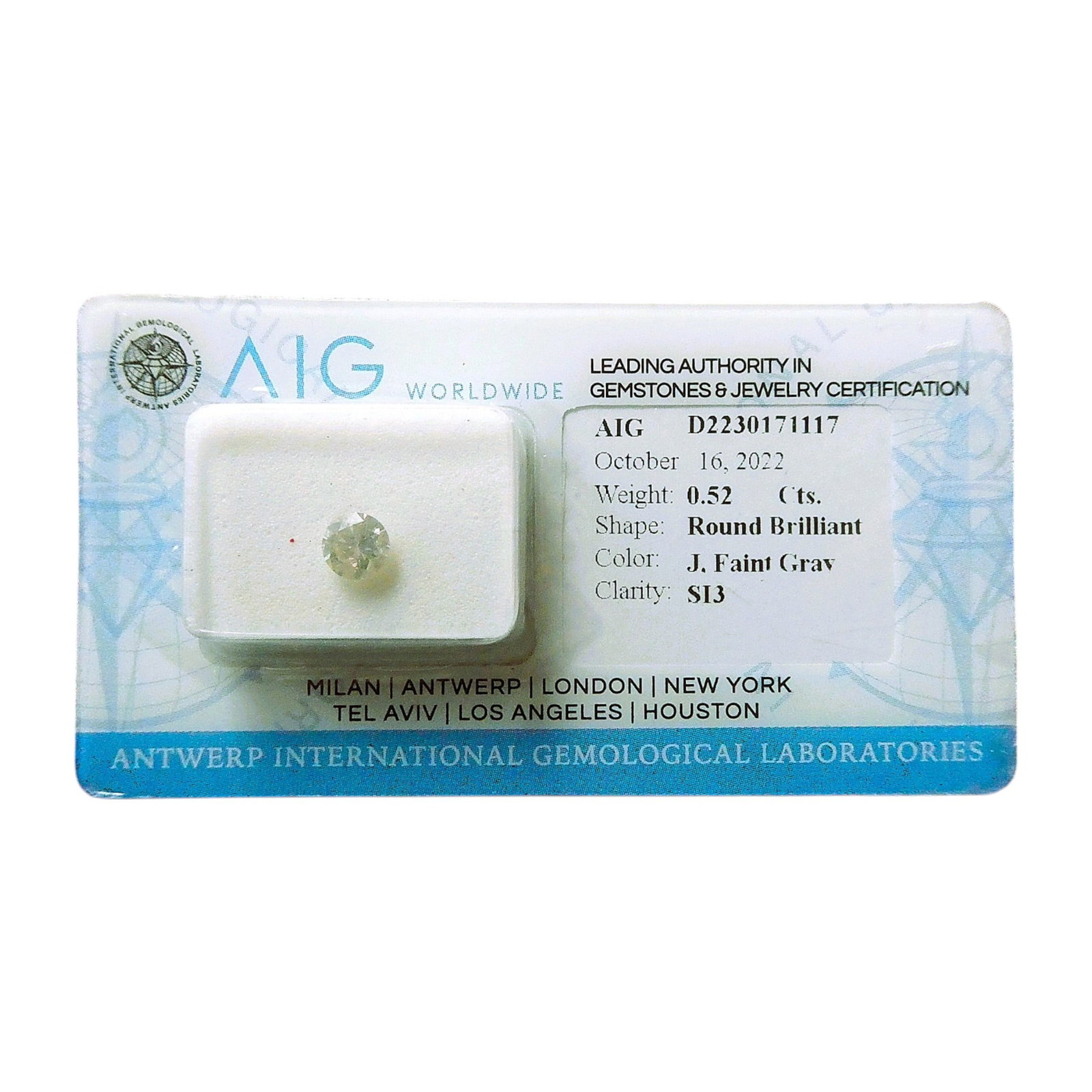 AIG-Certified Natural Diamond, 0.52 Ct Round Brilliant, SI3 Clarity: AIG-Certified Natural Diamond, 0.52 Ct Round Brilliant, SI3 ClarityBeskrivning: Certified by AIG on October 16, 2022, this natural diamond presents a balance between elegance and accessibility, ideal 