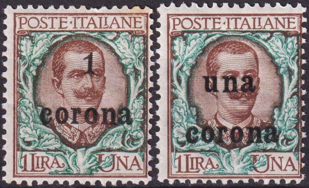 Italy occupation of Trentino & Venezia Giulia 1919 surcharges “1 corona?? (Scott AT N74,: These two stamps illustrate the transitional postal history of Northern Italy following the collapse of the Austro-Hungarian Empire at the end of World War I, when Italian authorities introduced surch