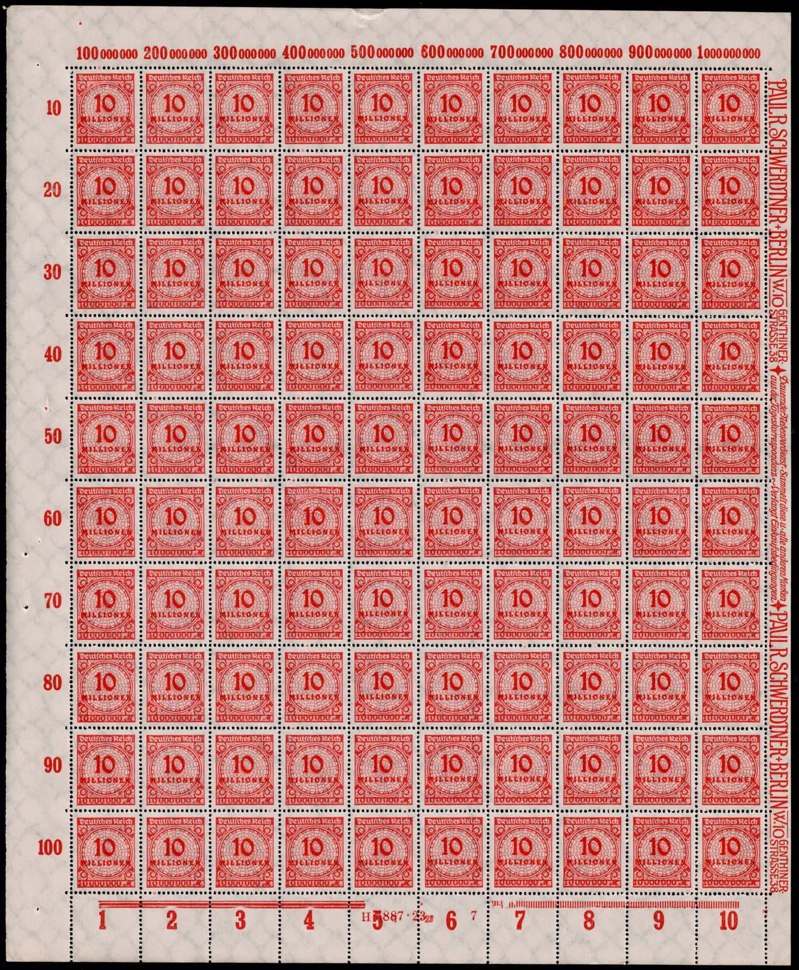 1923 Germany Scott 318 Michel DR318B 10 Millionen Full Sheet MNH: Issued during the dramatic German Hyperinflation of 1923, this complete sheet of 100 Mint Never Hinged stamps represents the famous 10 Millionen Mark Numeral issue, catalogued as Michel DR 318B (user 