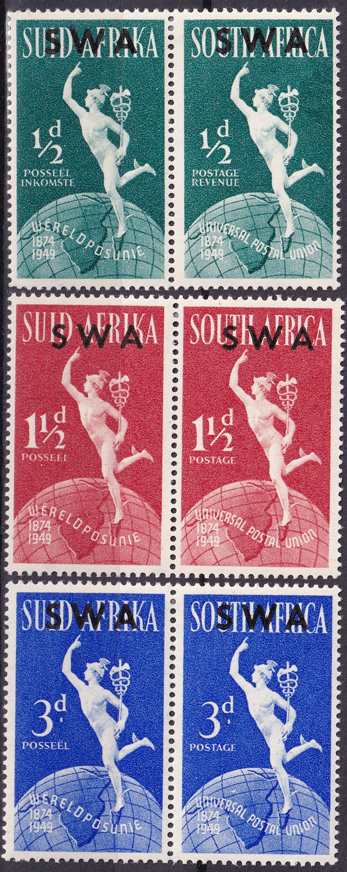 1949 SWA UPU Set Scott 160 to 162 MNH Pairs Overprint Complete: A visually striking and complete commemorative set from South West Africa, issued in 1949 to celebrate the 75th Anniversary of the Universal Postal Union, catalogued as Scott 160–162. This attractiv