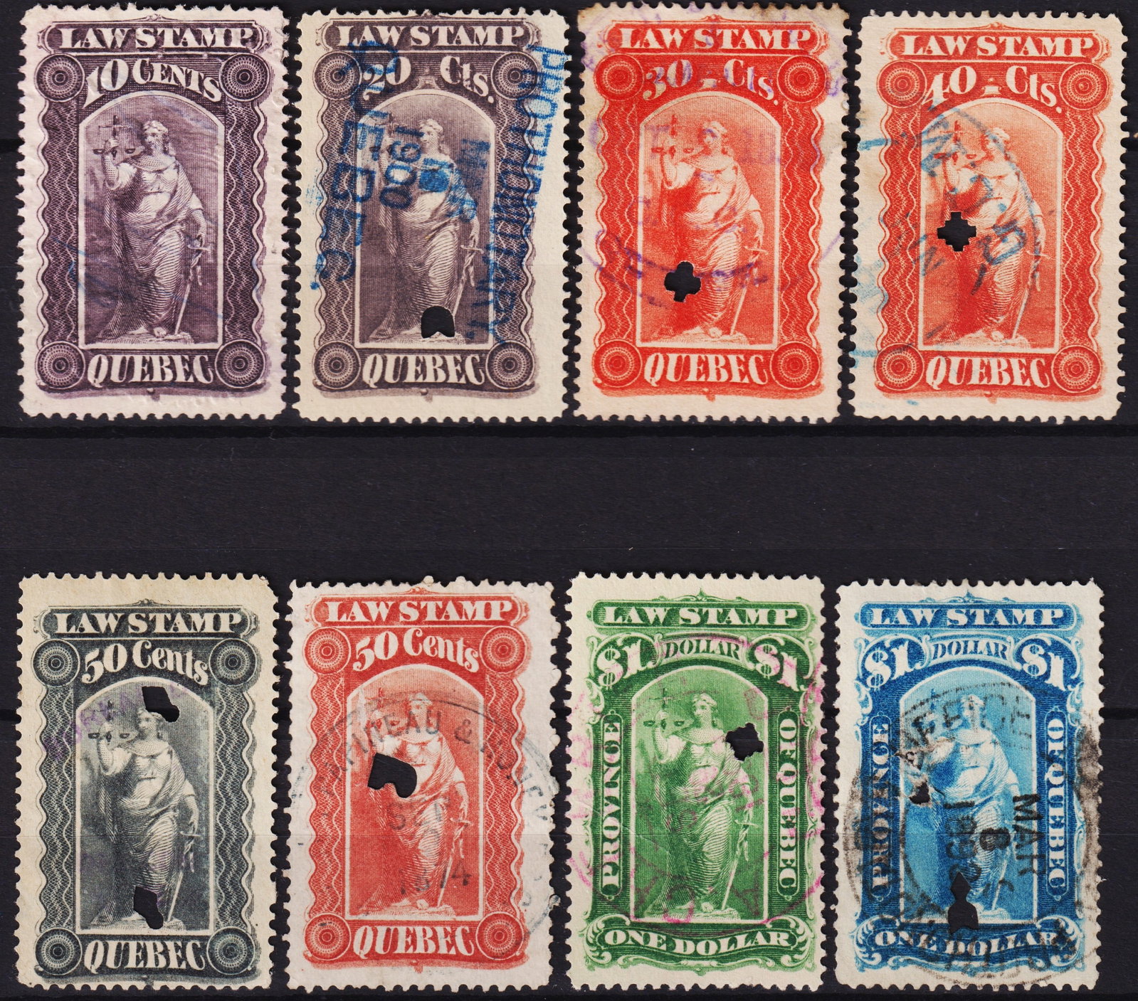 1893 Quebec Law Stamps Set, 10 cent to 1 dollar, Revenue Issue Canada: A compelling and colorful set of eight revenue stamps from the Province of Quebec, issued in 1893 for legal and administrative use. These "Law Stamps" range in denomination from 10 cents to 1 dollar a