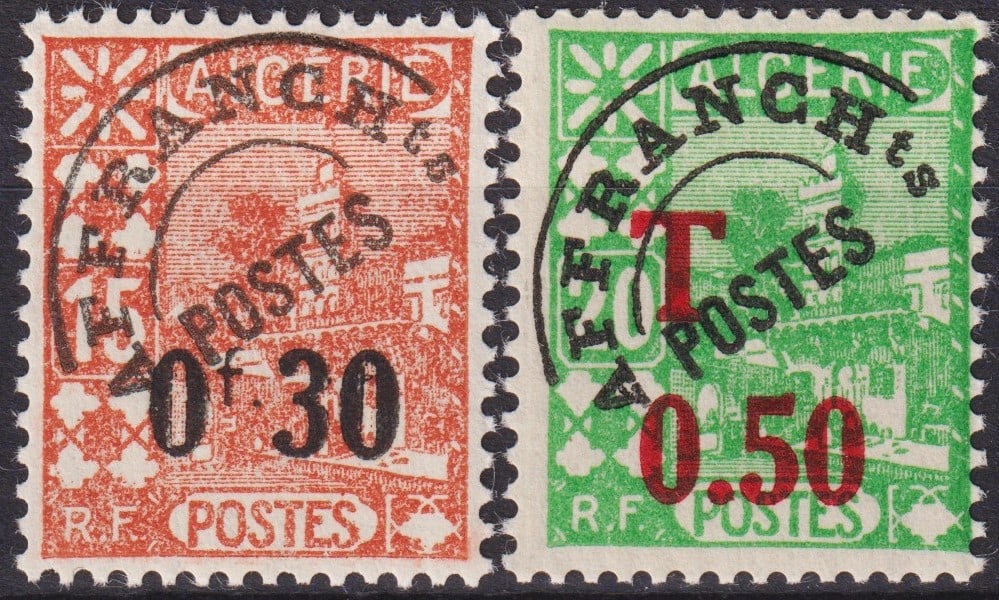 France 1944 Algeria Postage Due Surcharged Issues Scott J27–J28 MNH: Algeria 1944, two postage due stamps created by surcharging earlier 1938 definitive issues featuring the Mosque of Sidi Abd er-Rahman in Algiers. Both stamps display typographic overprints in bold num