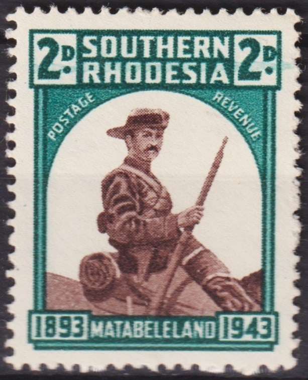 1943 British Southern Rhodesia 2d Matabeleland Anniversary Scott #64 MNH: Issued on 1 November 1943 to commemorate the 50th Anniversary of the Occupation of Matabeleland, this commemorative 2d stamp from Southern Rhodesia features the “Mounted Pioneer,” a striking d