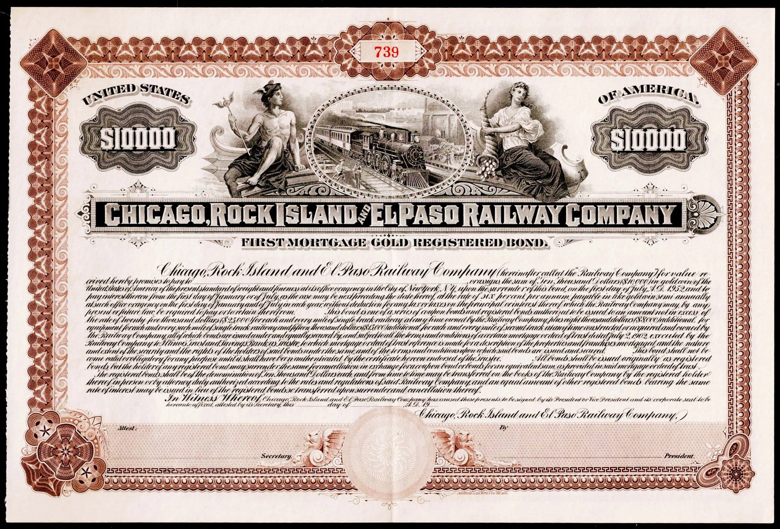 1952 USA Chicago Rock Island and El Paso Railway 10000 Gold Bond No 739: This original First Mortgage Gold Registered Bond issued in 1952 by the Chicago Rock Island and El Paso Railway Company represents a denomination of 10,000 with a fixed annual interest rate of 6 perce