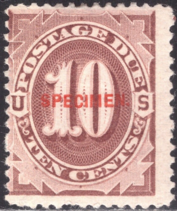 1884 10c U.S. Postage Due Specimen, Vermilion, Scott J19S MNH: This is a striking example of the 1884 10-cent U.S. Postage Due stamp bearing the rare ?Specimen” overprint, listed as Scott J19S. Printed in bright vermilion on unwatermarked soft porous paper,