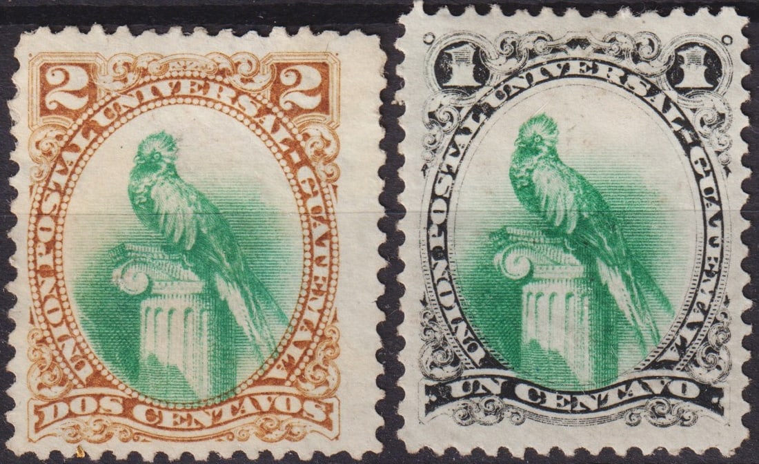 1881 Guatemala Quetzal Issue 1c Black/Green & 2c Brown/Green, Scott 21–22: Issued November 7, 1881, these engraved definitives form part of Guatemala’s celebrated Quetzal in Oval series, produced to mark the country’s membership in the Universal Postal Union. The design 