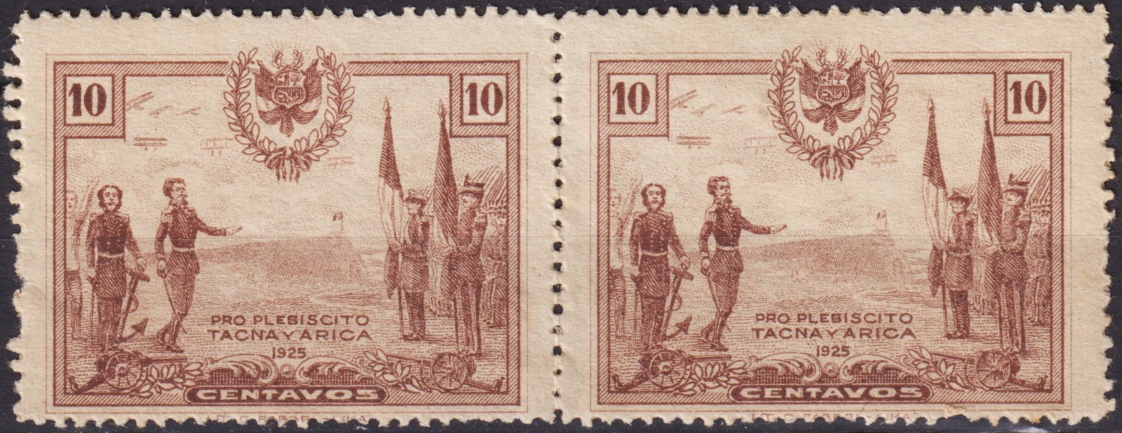 1925 Peru Plebiscite Issue 10c Brown Pair, Scott RA4 MNH: This scarce 1925 Plebiscite Issue from Peru (Scott RA4, Michel PE Z2, Yvert et Tellier PE 223, Stanley Gibbons PE 455, Bustamante PE 245) was released to commemorate the long-disputed plebiscite over 