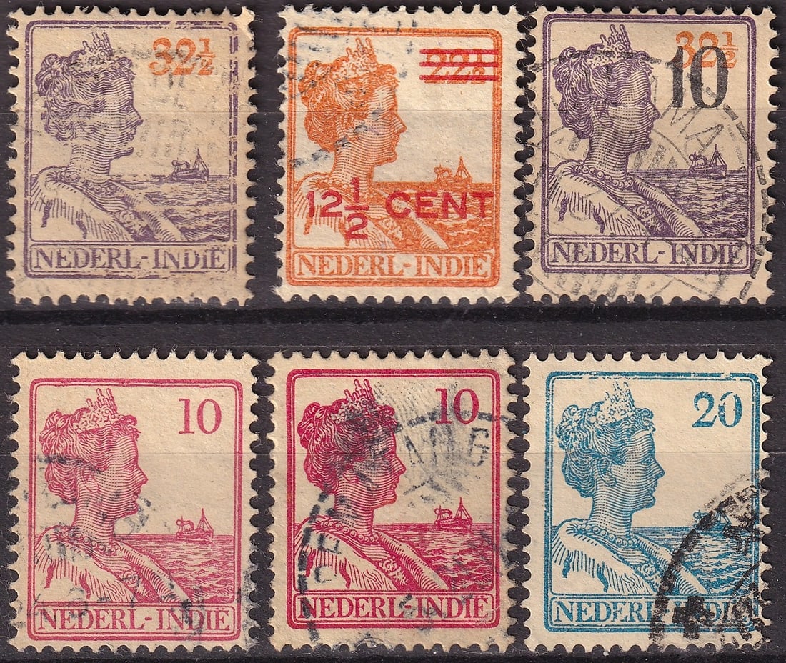 Netherlands Indies 1902–1909 Queen Wilhelmina Set (Mi 124–132, SG 211–219): This remarkable selection from the Netherlands Indies features the Queen Wilhelmina “Sea View” issue, a definitive series produced between 1902 and 1909, printed by typography with line perfor