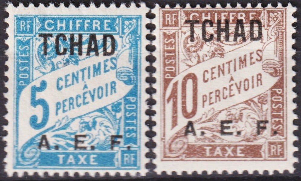 French Chad 1928 postage due 5c blue and 10c brown (Scott TD J1–J2): This pair represents the first postage due stamps issued for Chad in 1928, following its integration into French Equatorial Africa. Both stamps are based on the standard French “Chiffre-Taxe” 