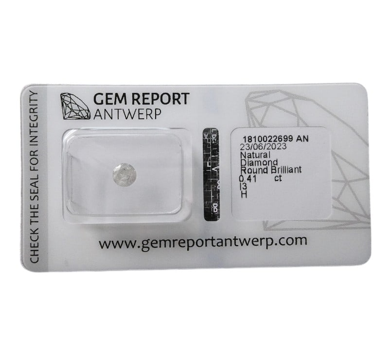 Gem Report Antwerp Natural Diamond, 0.41 ct H Color I3, Round Brilliant: Certified by Gem Report Antwerp on 23 June 2023, this natural diamond features the classic round brilliant cut and weighs 0.41 carats. With measurements of 4.68 ? 4.74 ? 2.96 mm, the stone displays an