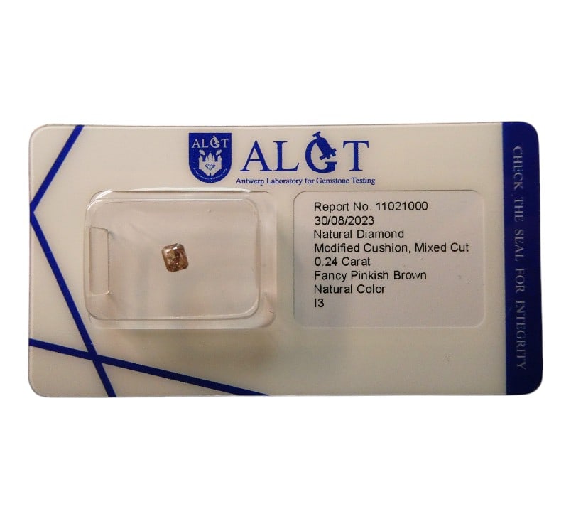 ALGT Certified 0.24ct Fancy Pinkish Brown Diamond, Natural, I3: This certified diamond, examined by the Antwerp Laboratory for Gemstone Testing (ALGT), is a natural 0.24 carat stone presented in a modified cushion mixed cut. The gemstone has been graded Fancy Pink