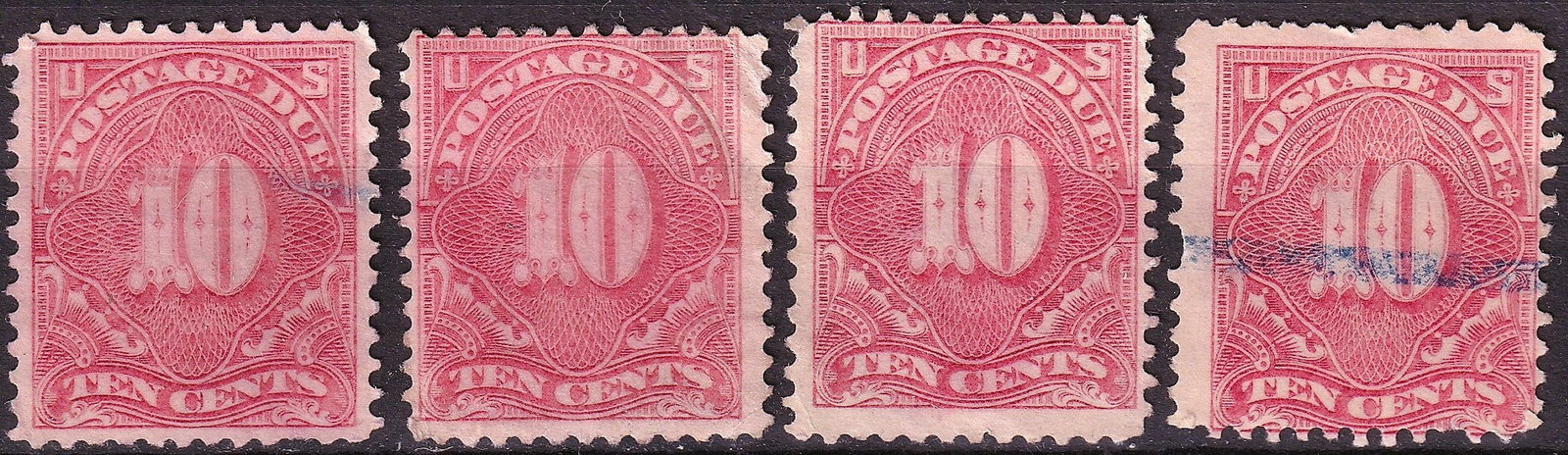 1917 U.S. Postage Due, 10 Cents Carmine Lot, Perf 11, Scott J65: This lot of four U.S. postage due stamps represents the 10-cent denomination from the 1917 definitive issue, printed in carmine on soft porous paper without watermark. Issued during a transitional per