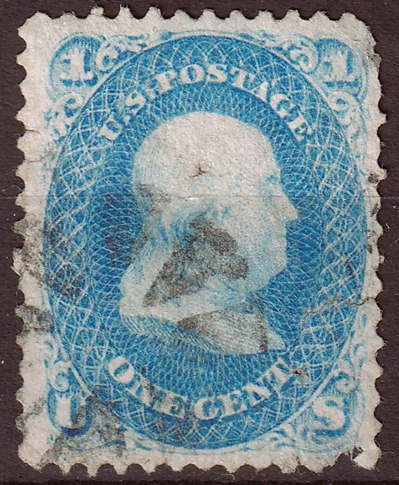 US 1861 1 cent Franklin, blue, National Bank Note Co., Scott US 63: Issued on August 17, 1861, this 1-cent blue stamp portrays Benjamin Franklin and was part of the first general issue produced by the National Bank Note Company during the American Civil War. Engraved 