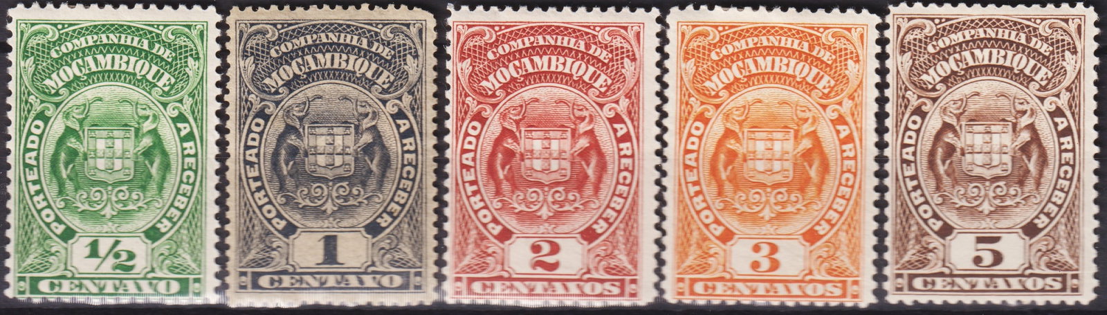 Portuguese Mozambique Company 1919–1924 Postage Due Set (Scott J31–J35): A fine and scarce set of five postage due stamps issued by the Mozambique Company between 1919 and 1924, engraved and printed with high precision by typography and featuring the iconic Portuguese coat