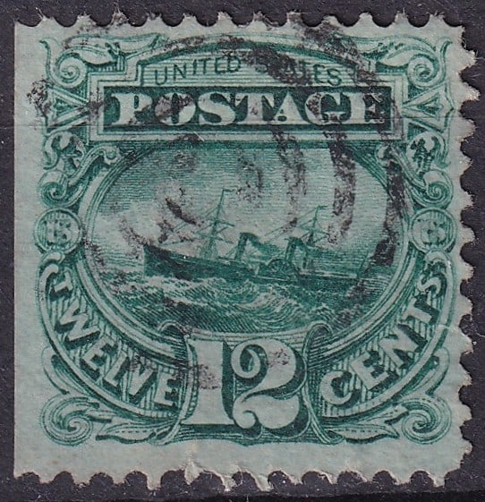 US 1869 National Bank Note Co., 12c green, Bullseye cancel, Scott US 117: Issued in June 1875 by the Continental Bank Note Company, this 2-cent definitive stamp features a finely engraved portrait of Andrew Jackson, the seventh President of the United States, printed in ric