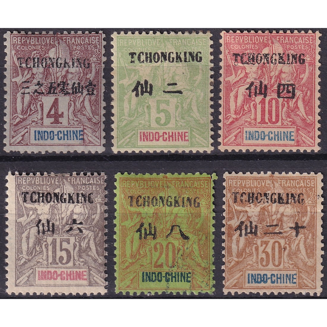 1903 TCHONGKING ovpt set, 4c to 30c, Michel B19V-B26V MH: A complete set of six unused stamps from the French Post Office in Chongqing (Tchongking), China, issued in 1903. Each stamp features the classic “Navigation and Commerce” design by Louis-Eug�
