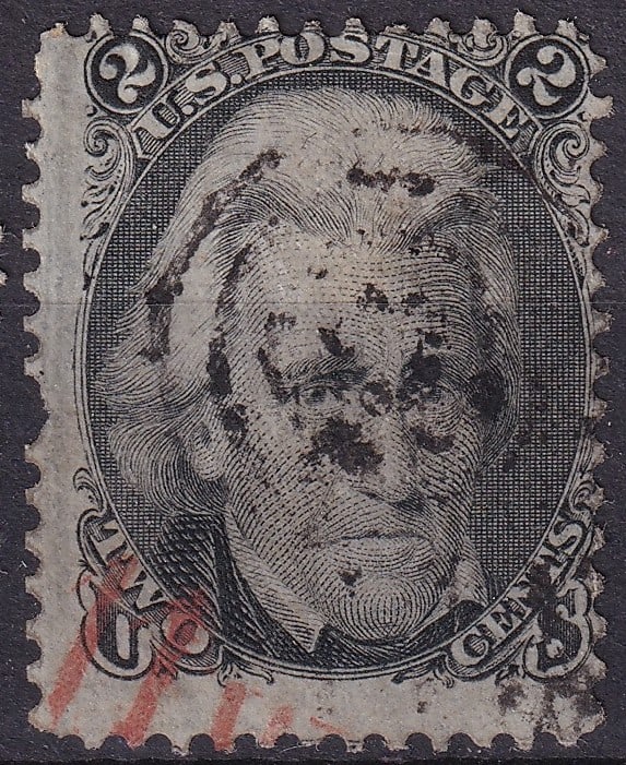 US 1868 National Bank Note Co., 2c black, Double cancel red and black, Scott US 85B: This 2 cent black stamp issued in early 1868 features a finely engraved portrait of Andrew Jackson, the seventh President of the United States, and forms part of the rare grilled issues from the late 