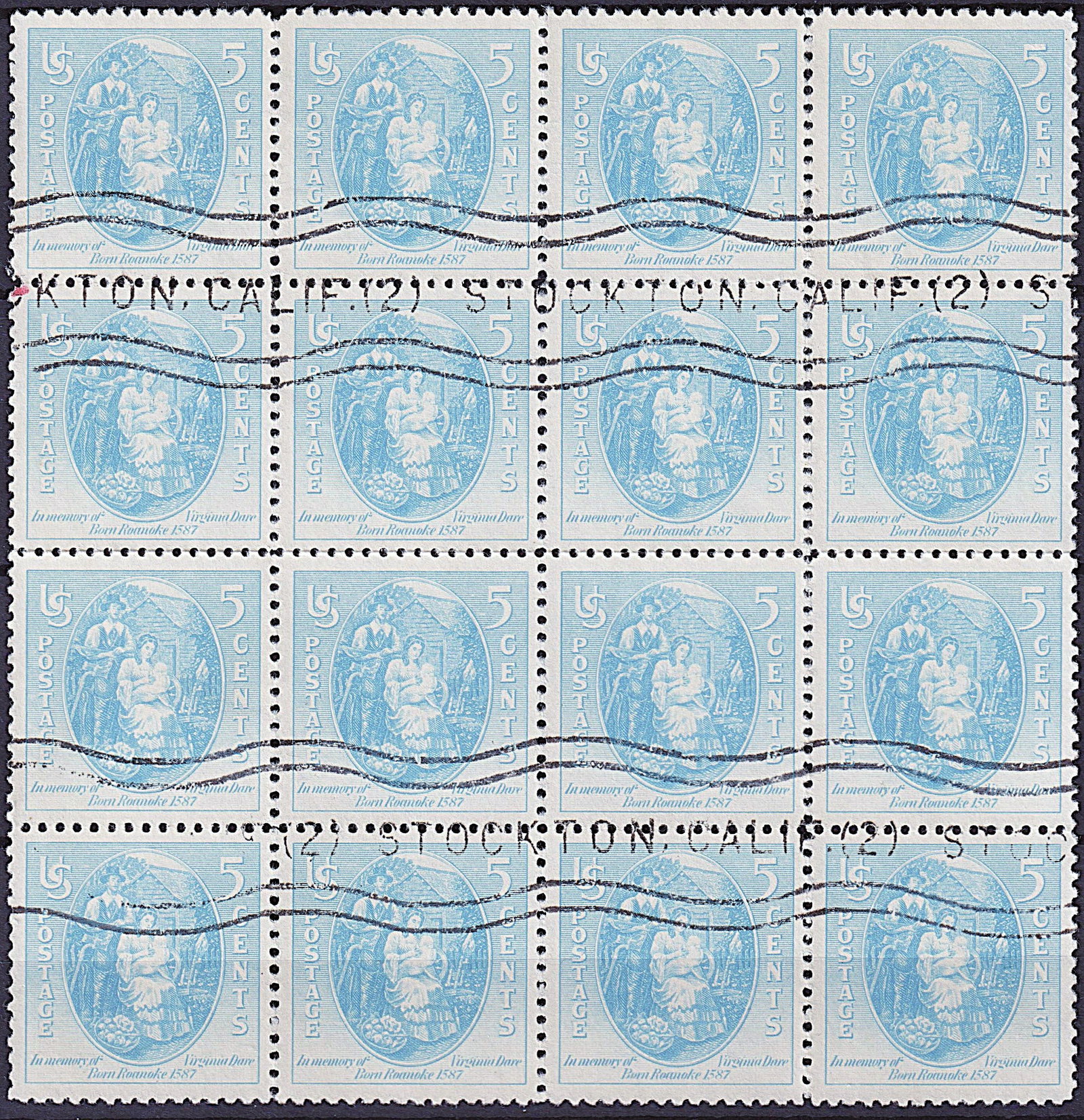 1937 US Scott #796, Virginia Dare 5c Block of 16, Stockton CA Cancel: This used block of sixteen 5-cent stamps commemorates the 350th anniversary of Virginia Dare?s birth, the first child of English parents born in the Americas. Issued in 1937, the stamp features an ima