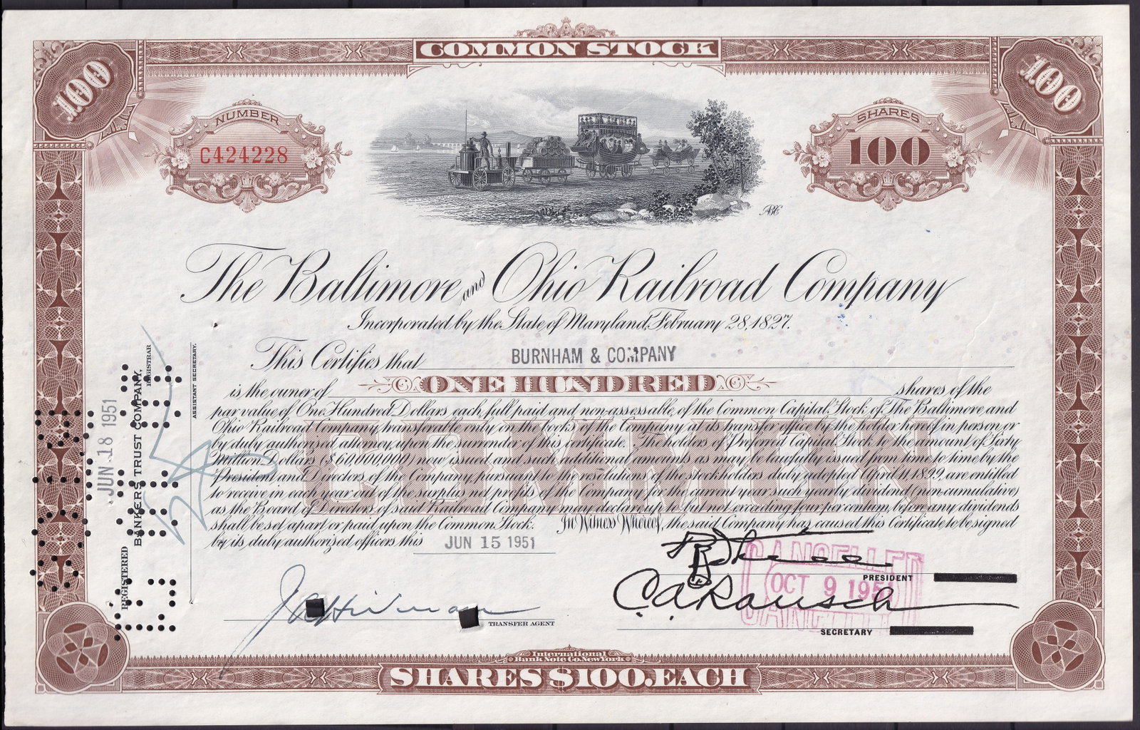 Baltimore and Ohio Railroad Company stock certificate 1951 one hundred shares: This original stock certificate issued by the historic Baltimore and Ohio Railroad Company in 1951 represents one of the great names in American rail history and the first common carrier railroad char