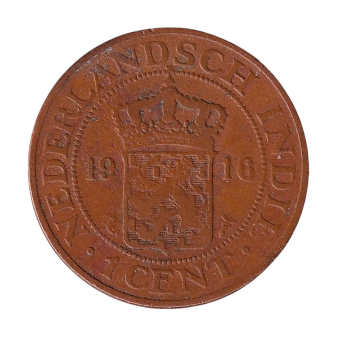 1916 Netherlands East Indies 1 Cent KM315 Seahorse: A bronze 1 Cent coin dated 1916 from the Netherlands East Indies, struck at the Royal Dutch Mint in Utrecht and part of the well-known “seahorse” series issued between 1914 and 1929. This type