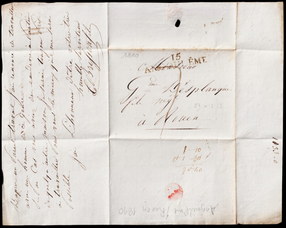 1810 Folded Letter, Angoulême to Rouen, Manuscript Tax Mark, Chan FR 1109: This early 19th-century French folded letter was sent from Angoulême to Rouen in 1810 and is addressed to "Gme Desplangue fils ne?g[ociant]". The front bears a clear handwritten manuscript charge mar