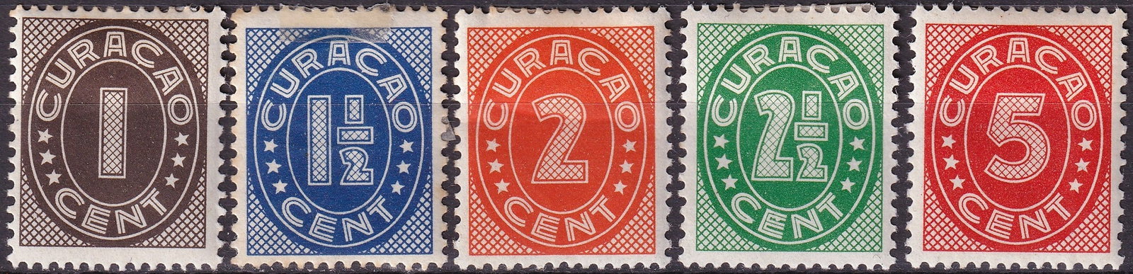 1936 Curacao Antilles Numerals Set Scott 127-131 Complete MH: A complete and visually striking numeral definitive set issued in 1936 for the Netherlands Antilles, specifically Curacao and associated territories, catalogued as Scott 127–131. This series represe