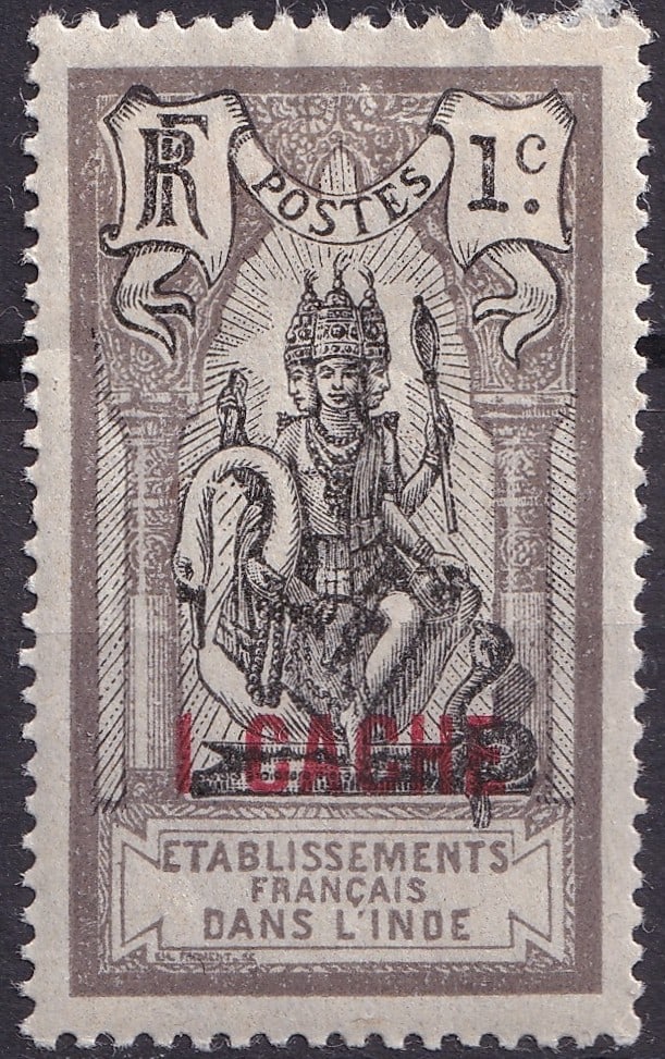 1923 French India Brahma 1c, red surcharge “1 CASH??, SG FR-IN 62: This 1923 surcharged issue from French India belongs to the well-known "Brahma and Kali Temple" series originally introduced in 1914. The base design, typographically printed in grey and black, shows 