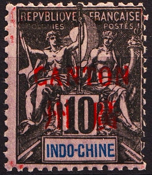 1901 Navigation & Commerce, red OVP "CANTON", 10c black/blue, Sc FR-CAN 4: This French Indochina stamp from the “Navigation and Commerce” series, issued for the Canton (Guangzhou) French post office in China, features a red overprint “CANTON” and new denomina