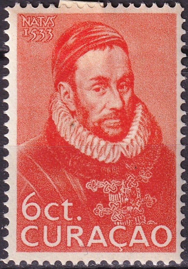 1933 Curacao Scott 109 6c Prince William of Orange Anniversary: Curacao 1933, Scott 109, 6 cent orange commemorative issued to mark the 400th anniversary of the birth of Prince William of Orange, a central historical figure in Dutch national identity and the found