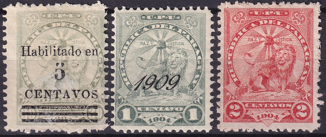 Paraguay 1906–1909 Lions Issue, Scott PY94, PY162, PY181, Official Overprints: These three Paraguayan stamps, issued between 1906 and 1909, exemplify the nation’s classical engraved issues featuring the heraldic lion beneath the cap of liberty, a strong symbol of “Paz y Just