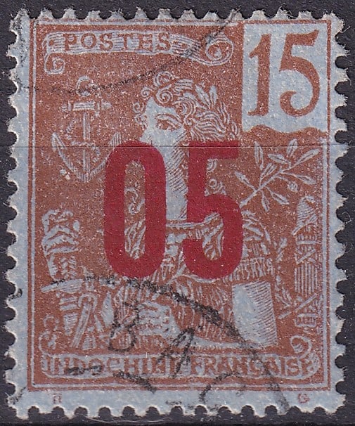 1912 Indochina, Type Grasset ovpt "05" on 15c, reddish brown, Scott FR-IC 60: This overprinted stamp from French Indochina, issued in November 1912, repurposes the 15 centimes allegorical "Type Grasset" design by applying a large red "05" surcharge to indicate its new value of 