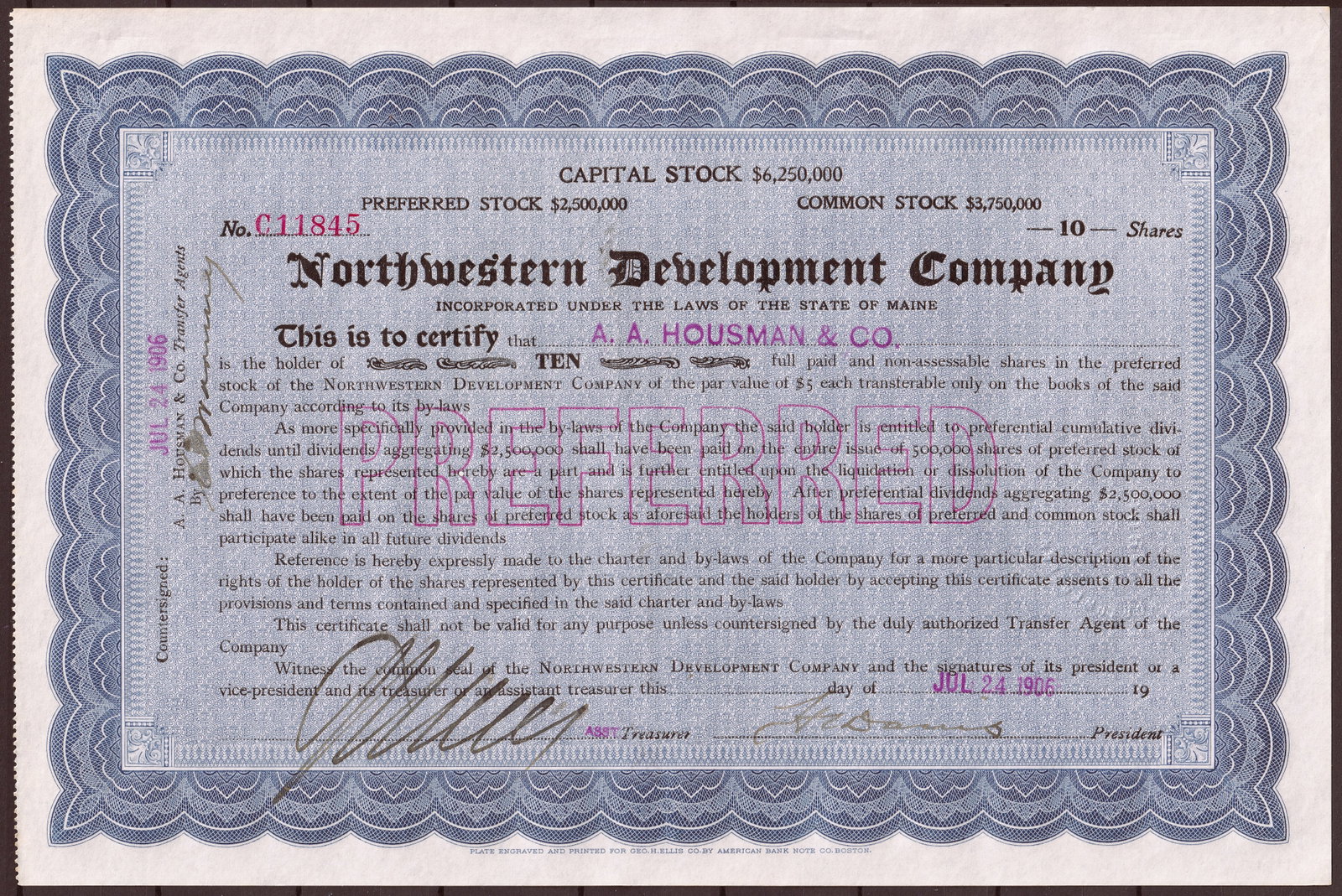 1906 Northwestern Development Company Preferred Stock Certificate VF: Historic preferred stock certificate issued by the Northwestern Development Company, incorporated under the laws of the State of Maine and dated July 24, 1906. This attractive early twentieth-century 
