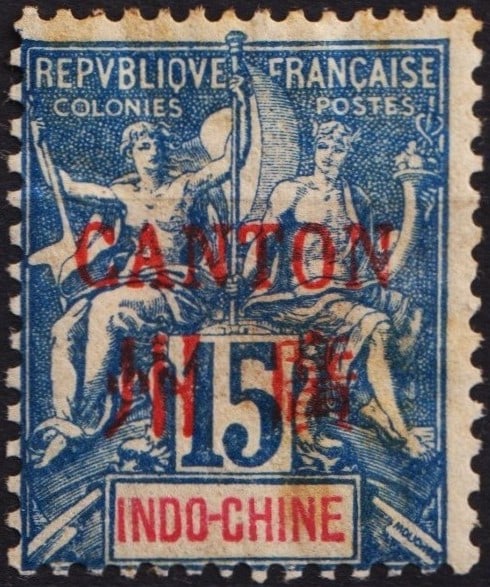 1901 French Post in Canton, red ovpt on 15c blue, Scott FR-CAN 5: This stamp, issued in 1901 for the French post office in Canton, represents one of the classic examples of France’s extraterritorial postal services in southern China. The base stamp belongs to the 