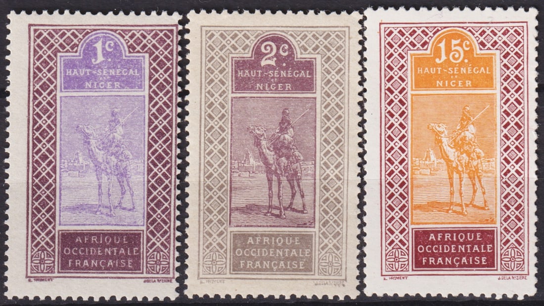 1914-1917 French West Africa (Upper Senegal & Niger) Camel Rider Series, Scott #18-23: This attractive group of three definitive stamps from the French colonial territory of Upper Senegal and Niger, issued between 1914 and 1917, belongs to the well-known Camel Rider series designed by J