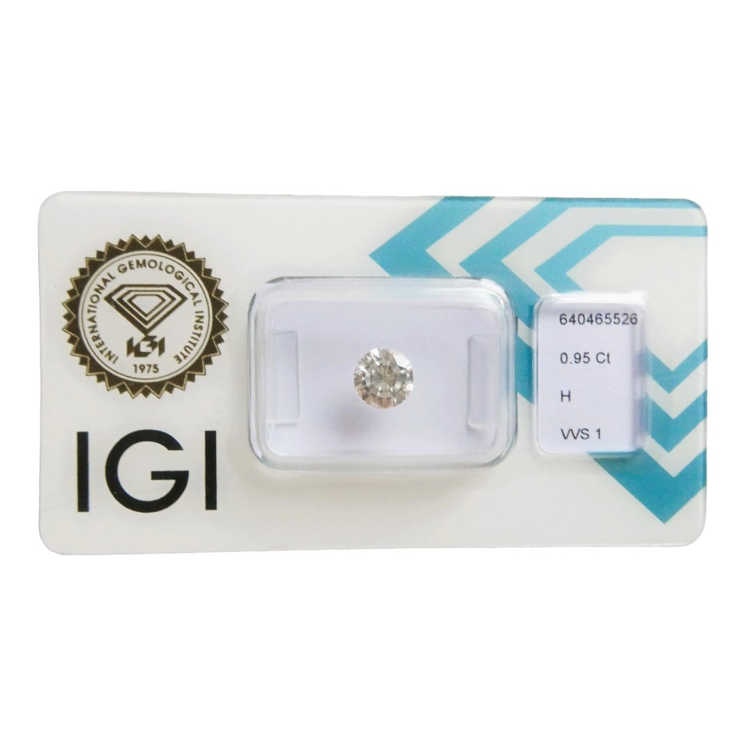 IGI Certified 0.95 Ct Round Cut H VVS1 Loose Diamond, Certified Diamond Report: This is an IGI-certified 0.95 ct round brilliant cut diamond. It has been graded with an H color and a VVS1 clarity, ensuring a high-quality gemstone with minimal inclusions. The diamond comes with a 
