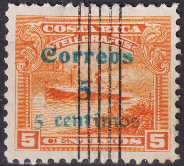 Costa Rica 1912 Telegraph Stamp Surcharge 5c on 5c Scott #100: Issued in 1912, this Costa Rican telegraph stamp was repurposed for postal use with a bold blue surcharge reading "Correos / 5 / 5 centimos" applied over the original orange steamboat design. Printed 